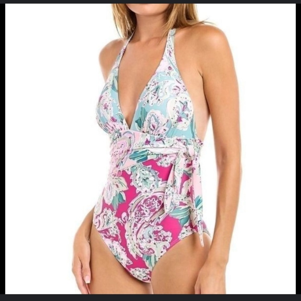Carmen Marc Valvo Pink & Aqua Paisley One-Piece Swimsuit